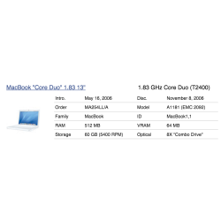 A1181 - Cargador para Apple MacBook - MA254LL/A - MacBook1,1 - 2092